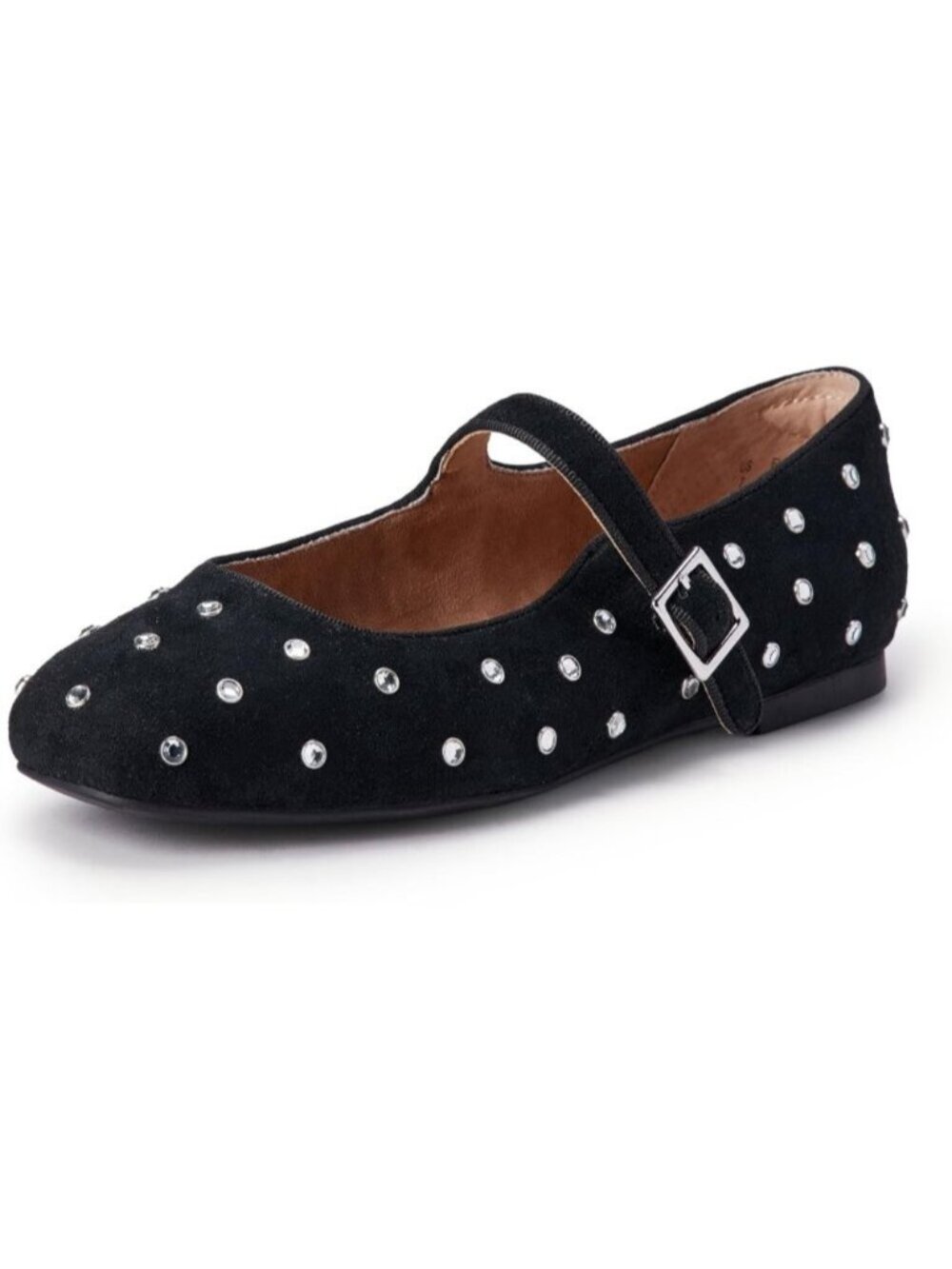 Women's Black Faux Suede Crystal Velvet Mary Jane Ballet Flat Buckle Strap Shoes